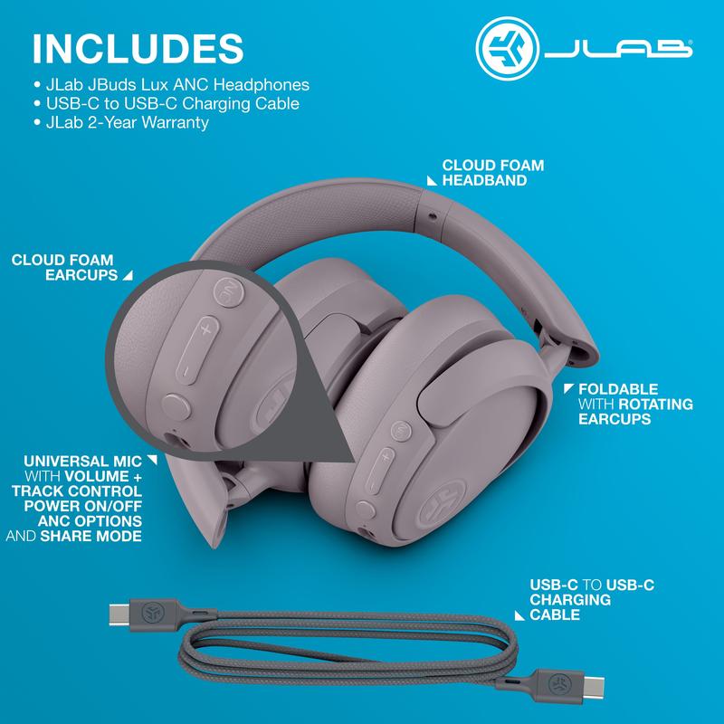 JLab JBuds Lux ANC Wireless Over-Ear Headphones, Custom EQ, Be Aware Mode, Foldable