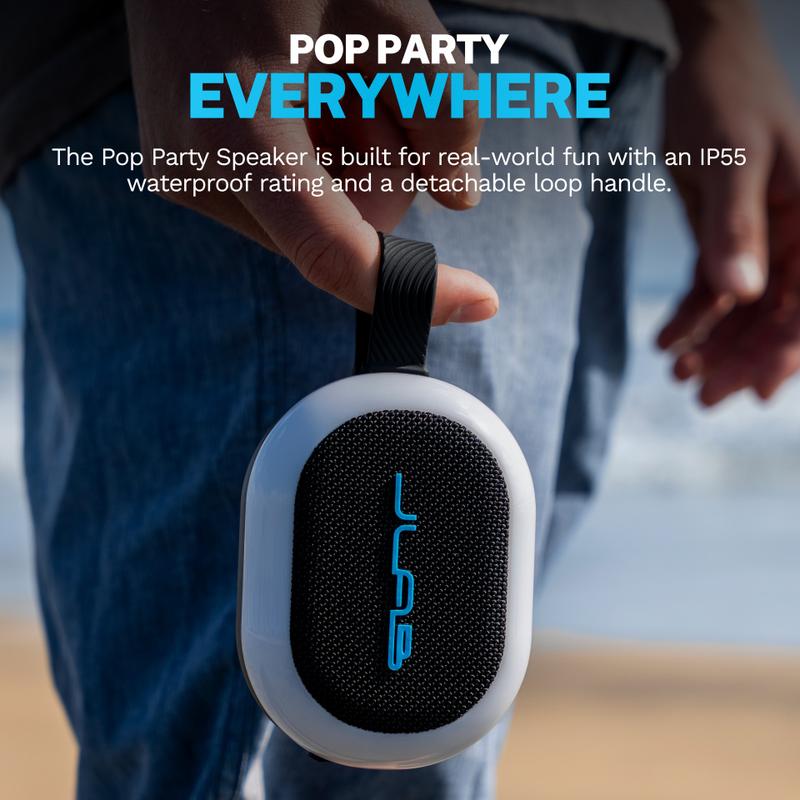JLab Pop Party Portable Bluetooth Speaker, 5W, RGB Lighting, 8+H Playtime, IPX5 Splashproof, USB-C