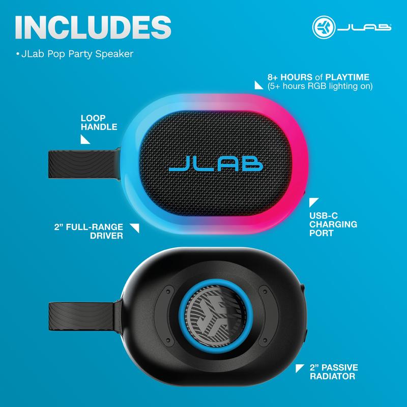 JLab Pop Party Portable Bluetooth Speaker, 5W, RGB Lighting, 8+H Playtime, IPX5 Splashproof, USB-C